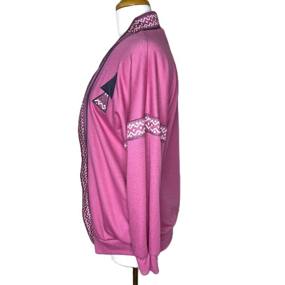 Vintage 80s Pink Geometric Print Open-Front Jersey Cardigan, Size Small - Picture 3 of 9